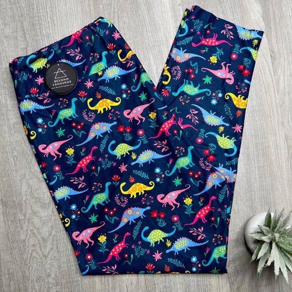 Colorful Floral Dinosaur Print Soft Navy Blue Kids Leggings - Picture 2 of 4